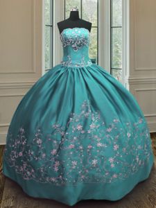 Fitting Ball Gowns 15th Birthday Dress Teal Strapless Satin Sleeveless Floor Length Lace Up