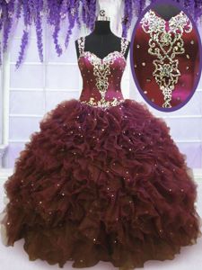 Straps Straps Floor Length Burgundy Quinceanera Gown Tulle Sleeveless Beading and Ruffles