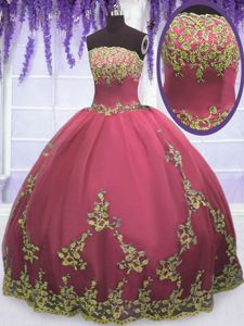 Red Sleeveless Floor Length Appliques Zipper Quince Ball Gowns