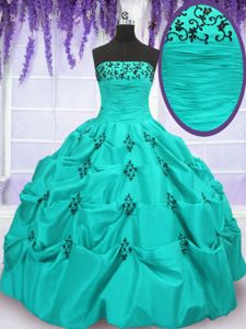 Mermaid Aqua Blue Taffeta Lace Up Quinceanera Gowns Sleeveless Floor Length Embroidery and Pick Ups