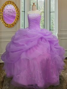 Lilac Ball Gowns Strapless Sleeveless Organza Floor Length Lace Up Embroidery and Pick Ups Quinceanera Dresses