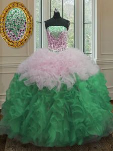 Multi-color Strapless Neckline Beading and Ruffles Sweet 16 Quinceanera Dress Sleeveless Lace Up