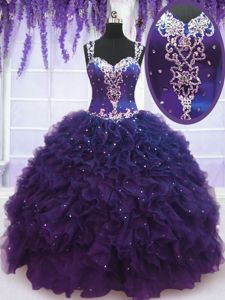 Straps Straps Blue Ball Gowns Beading and Ruffles Quinceanera Court of Honor Dress Zipper Tulle Sleeveless Floor Length