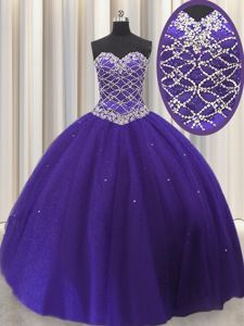 Tulle Sweetheart Sleeveless Lace Up Beading and Sequins Quinceanera Dress in Purple