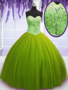 Olive Green Sleeveless Tulle Lace Up Quinceanera Gowns for Military Ball and Sweet 16 and Quinceanera