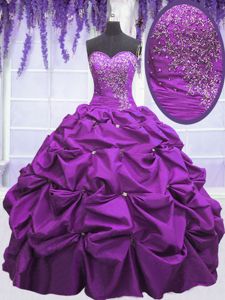 Sexy Sweetheart Sleeveless Quince Ball Gowns Floor Length Appliques and Pick Ups Purple Taffeta