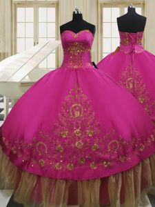 Extravagant Fuchsia Ball Gowns Taffeta Sweetheart Sleeveless Beading and Embroidery Floor Length Lace Up Quinceanera Gowns