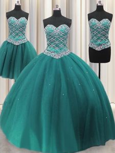 Three Piece Teal Sweetheart Neckline Beading and Sequins Quinceanera Gown Sleeveless Lace Up