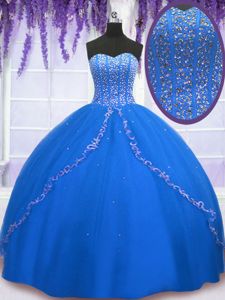 Royal Blue Sweetheart Lace Up Beading and Sequins Quinceanera Gown Sleeveless