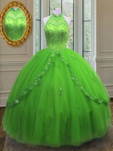 Graceful Halter Top Sleeveless Floor Length Beading and Appliques Lace Up Quinceanera Gown