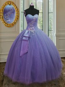 Suitable Beading and Ruching and Bowknot Sweet 16 Quinceanera Dress Lavender Lace Up Sleeveless Floor Length