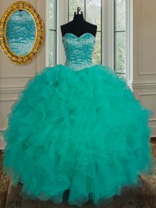 Sleeveless Floor Length Beading and Ruffles Lace Up Quinceanera Dresses with Turquoise