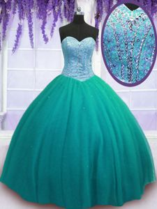 Cheap Sleeveless Tulle Floor Length Lace Up Sweet 16 Dresses in Turquoise for with Beading