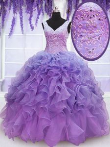 Modest Lavender Lace Up Sweet 16 Dress Beading and Embroidery and Ruffles Sleeveless Floor Length