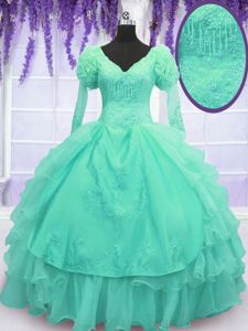 Traditional Turquoise Ball Gowns Beading and Embroidery and Hand Made Flower Sweet 16 Dress Lace Up Organza Long Sleeves Floor Length