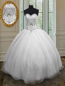 Best White Sweetheart Lace Up Beading Quince Ball Gowns Sleeveless