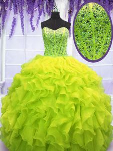 Ideal Ball Gowns Sweet 16 Quinceanera Dress Yellow Green Sweetheart Organza Sleeveless Floor Length Lace Up