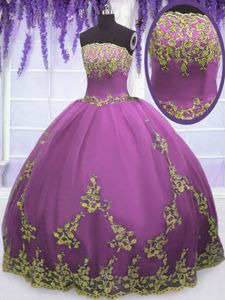 Sexy Floor Length Fuchsia Quinceanera Court Dresses Tulle Sleeveless Appliques