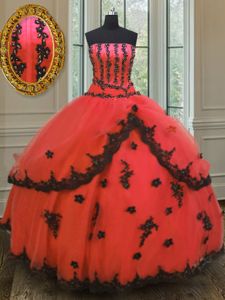 Red Lace Up Sweet 16 Quinceanera Dress Appliques Sleeveless Floor Length