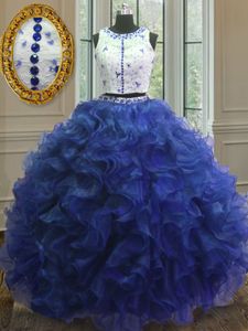 Fashion Scoop Sleeveless Floor Length Appliques and Ruffles Clasp Handle 15 Quinceanera Dress with Royal Blue