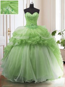 Ball Gowns Beading and Ruffled Layers 15th Birthday Dress Lace Up Organza Sleeveless With Train