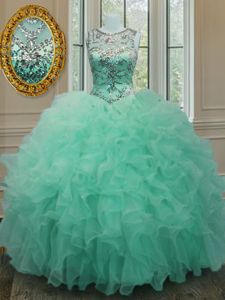 Suitable Floor Length Apple Green Quinceanera Dress Scoop Sleeveless Lace Up