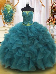 Organza Sleeveless Floor Length Sweet 16 Dress and Beading and Ruffles