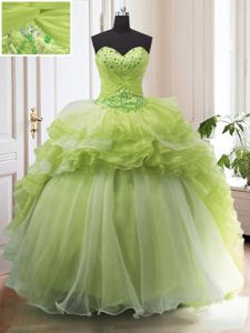 Modest Ruffled With Train Ball Gowns Sleeveless Yellow Green Quinceanera Dress Sweep Train Lace Up