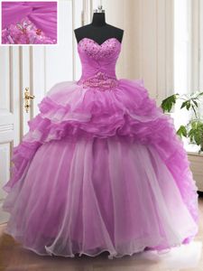 Great With Train Lilac Quinceanera Dresses Organza Sweep Train Sleeveless Beading and Ruffled Layers