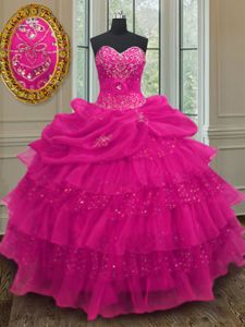 Comfortable Fuchsia Ball Gowns Sweetheart Sleeveless Organza and Sequined Floor Length Lace Up Beading and Ruffled Layers and Sequins and Pick Ups Quince Ball Gowns