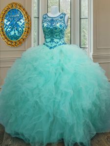 Delicate Scoop Sleeveless Ball Gown Prom Dress Floor Length Beading and Ruffles Turquoise Tulle