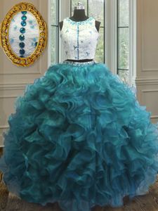 Gorgeous Scoop Clasp Handle Teal Sleeveless Beading and Ruffles Floor Length Quinceanera Dress