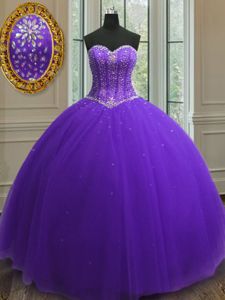 Modest Purple Sleeveless Floor Length Beading and Sequins Lace Up Quinceanera Dresses