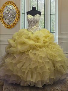 Trendy Yellow Sweetheart Lace Up Beading and Ruffles and Pick Ups Quinceanera Dress Sleeveless