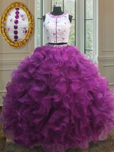 Latest Scoop Fuchsia Organza Clasp Handle Vestidos de Quinceanera Sleeveless Floor Length Appliques and Ruffles