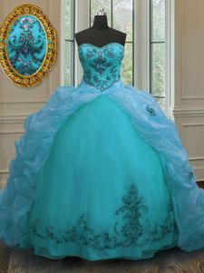 Aqua Blue Ball Gowns Organza Sweetheart Sleeveless Beading and Appliques and Pick Ups With Train Lace Up Quince Ball Gowns Court Train