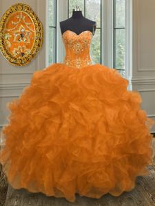 Glamorous Orange Ball Gowns Sweetheart Sleeveless Organza Floor Length Lace Up Beading and Embroidery and Ruffles Quinceanera Dresses