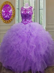 Shining Scoop Lavender Ball Gowns Beading and Ruffles Quinceanera Dress Lace Up Tulle Sleeveless Floor Length