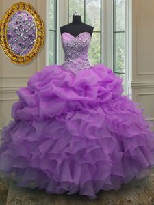 Lavender Vestidos de Quinceanera Military Ball and Sweet 16 and Quinceanera and For with Beading and Ruffles and Pick Ups Sweetheart Sleeveless Lace Up