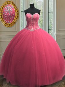 Cute Sleeveless Floor Length Beading and Sequins Lace Up Quinceanera Gowns with Hot Pink