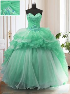 Sweetheart Sleeveless Quinceanera Gowns With Train Sweep Train Beading Apple Green Organza