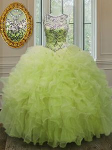 Modest Scoop Floor Length Ball Gowns Sleeveless Yellow Green Sweet 16 Quinceanera Dress Lace Up