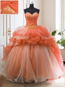 Simple Ruffled Sweep Train Ball Gowns Ball Gown Prom Dress Orange Red Sweetheart Organza Sleeveless With Train Lace Up