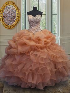 Deluxe Orange Ball Gowns Sweetheart Sleeveless Organza Floor Length Lace Up Beading and Ruffles and Pick Ups Quinceanera Gowns