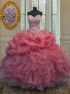 Best Pink Sweetheart Neckline Beading and Ruffles and Pick Ups Vestidos de Quinceanera Sleeveless Lace Up