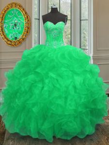 Lovely Green Ball Gown Prom Dress Military Ball and Sweet 16 and Quinceanera and For with Beading and Embroidery and Ruffles Sweetheart Sleeveless Lace Up