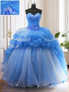 Fantastic With Train Lace Up Ball Gown Prom Dress Blue and In for Military Ball and Sweet 16 and Quinceanera with Beading and Ruffled Layers Sweep Train