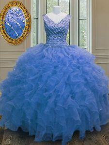 Sleeveless Zipper Floor Length Beading and Ruffles Quinceanera Gowns