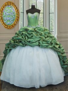 Exquisite Pick Ups Sweetheart Sleeveless Sweep Train Lace Up Quinceanera Gown Green Organza and Taffeta