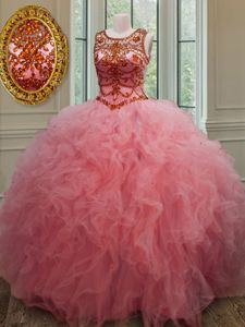 Affordable Floor Length Pink Quinceanera Gown Scoop Sleeveless Lace Up